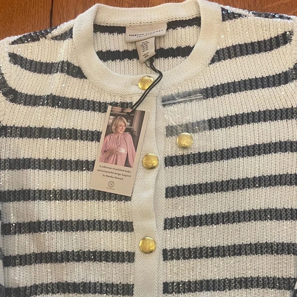 Martha Stewart White and Navy Striped Cardigan - Picture 5 of 6